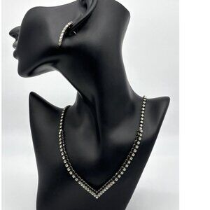 Vintage Black and Clear Rhinestones V-Shaped Necklace and Pierced Earrings Set